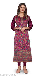 Purple pashmina embroidered floral print straight kurta with three-quarter sleeves. High-quality Indian pashmina kurtis for women