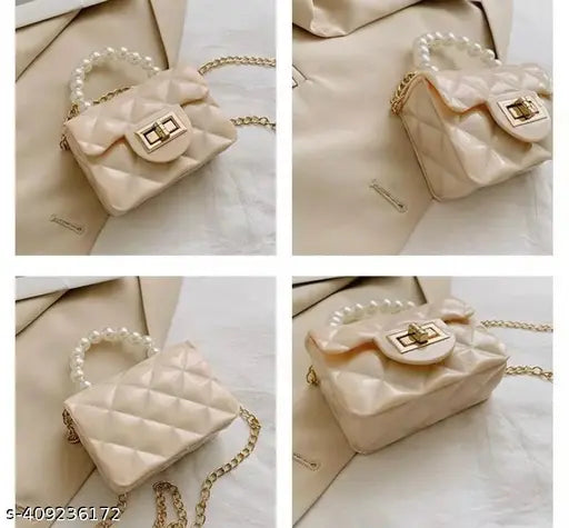 Synthetic striped net sling bag for girls/women, pearl detail, travel-friendly handbag, Indian-origin, free size