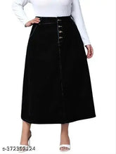 Black plus size denim A-line maxi skirt, solid design, perfect for all body types. Home washable, lightweight and breathable, ideal for various women's occasions. Available sizes: 26 (Waist 26in, Length 32in), 28 (Waist 28in, Length 32in)... etc., up to size 46 (Waist 46in, Length 32in). Made in India