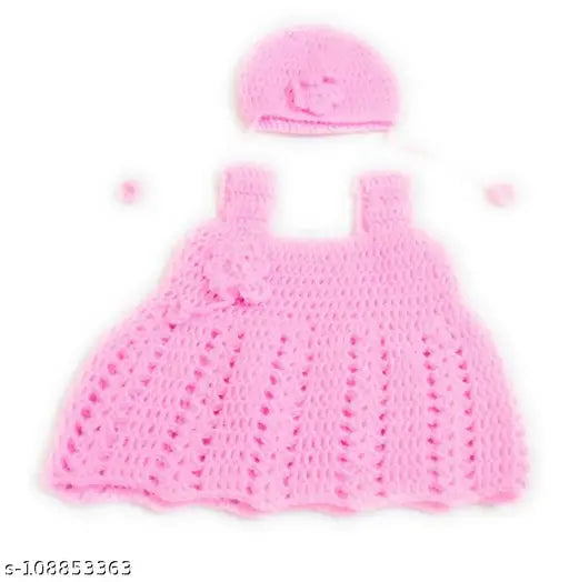 Handmade pink woolen crochet frock & cap suit for baby girls (0-4 months), embroidered net design, India