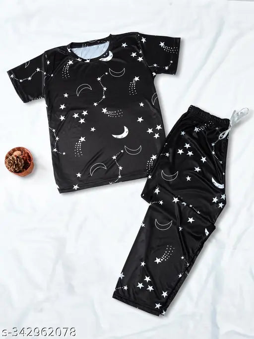 Soft silk night suit set, includes T-shirt, pajama shorts with printed net pattern and drawstring elastic waistband. Indian luxury sleepwear