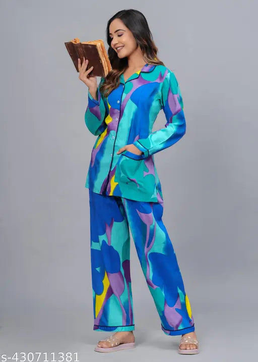 Viscose rayon night suit set for women, printed pattern, short sleeves, multiple sizes available
