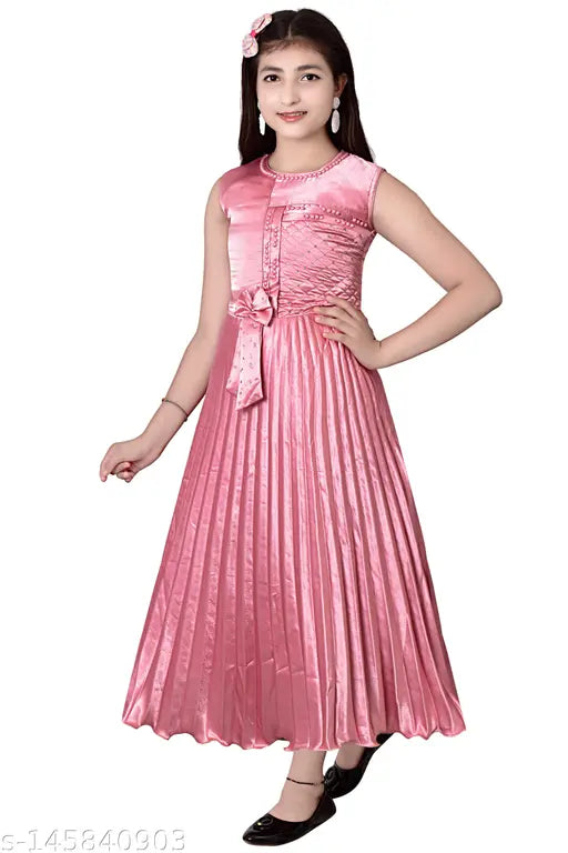 Stylish satin pink pleated party dress for girls, affordable and trendy for special occasions