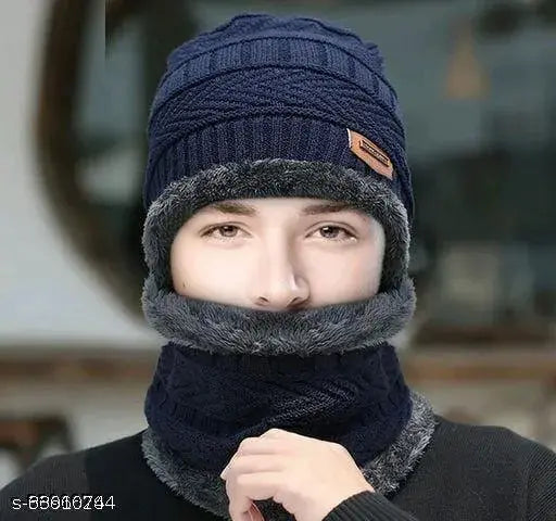 Woolen self-design beanie cap for men, keeping you warm this winter season (India origin)