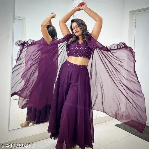 Elegant Georgette Kurta Set with Palazzos: Embellished net, sleeveless top & shrug, perfect for formal events. India origin