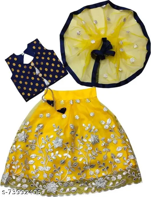 Chanderi cotton semi-stitched lehenga choli, embroidered print design for girls aged 3-8 years, Indian traditional wedding wear