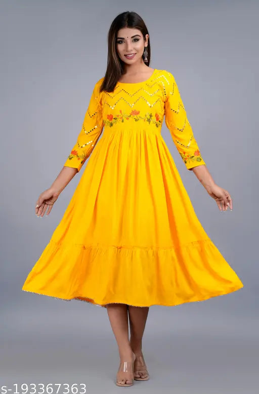 Pink, blue, white, red & yellow embroidered rayon gown, three-quarter sleeves - Indian craftsmanship
