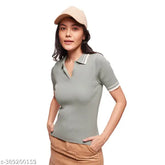 Grey cotton blend solid regular t-shirt for women, short sleeves and sage green polo style