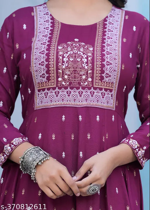 Purple rayon ankle-length Anarkali kurtas, traditional Indian outfit with three-quarter sleeves and printed net pattern. Perfect for special occasions or casual wear, size S (36in bust, 32in waist, 14in shoulder), Made in India