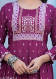 Purple rayon ankle-length Anarkali kurtas, traditional Indian outfit with three-quarter sleeves and printed net pattern. Perfect for special occasions or casual wear, size S (36in bust, 32in waist, 14in shoulder), Made in India