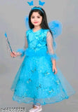 Aque blue embellished net dress with three-quarter sleeves for girls aged 12 months to 10 years. Indian handcrafted children's clothing on display