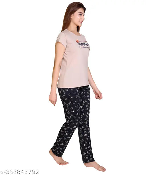 SALTLAKE printed cotton nightwear set for women and girls, featuring a t-shirt top and pyjama bottoms, short sleeves, soft, fine quality cotton fabric, made in India