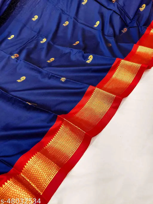 Navy Red Paithani Cotton Silk Saree with Separate Blouse Piece, traditional Maharashtrian design, Zari woven pattern on both saree and blouse