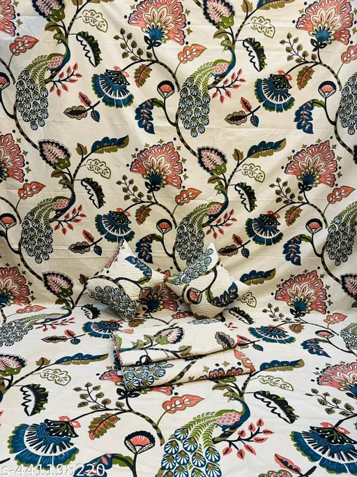 Multi-colored HIYANSHI HOME FURNISHING bedsheet set (King size, 2 pillow covers, 2 cushion covers) with embroidery and filler. Breathable, stain resistant, and wrinkle free cotton. Ideal for summer, adult use, and adding a unique look to your bedroom. Made in India