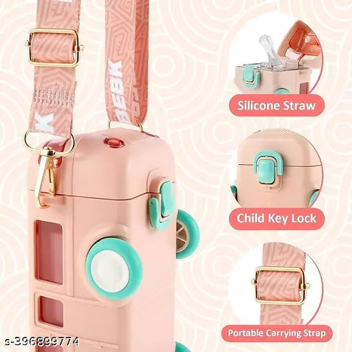 Pink bus-shaped water bottle with movable wheels, portable and leakproof for kids' activities