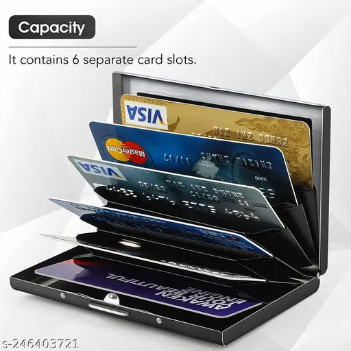 Stainless steel travel wallet, RFID blocking credit card holder for men & women. Solid design, 5 compartments, 10cm x 8cm size. Safe, secure, perfect for travel or crowded places