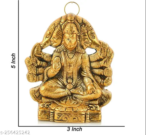 Gold-plated Panchmukhi Hanuman Murti, decorative showpiece for home or office, 14cm height x 3.5cm breadth x 8.5cm length, Indian handcrafted religious idol