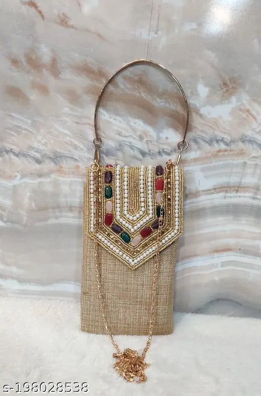Trendy jute mobile sling with long chain and saree clip, embroidered net design for Indian fashion accessory