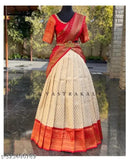 Red striped semi-stitched Lehenga Choli (Art Silk, Acrylic Dupatta) with zari work and tussles, unstitched blouse and dupatta, free size, ready to ship from India