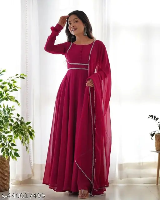 Georgette gown with dupatta, solid-patterned Indian bridal wear for women in multiple sizes - S (36/34/39), M (38/36/41), L (40/38/43), XL (42/40/45)