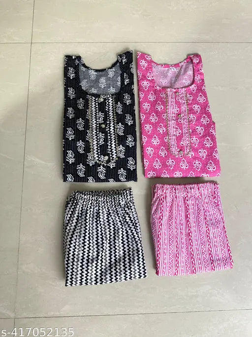 Cotton Printed Net Kurta Pant Set for Women, three-quarter sleeves, palazzos bottoms