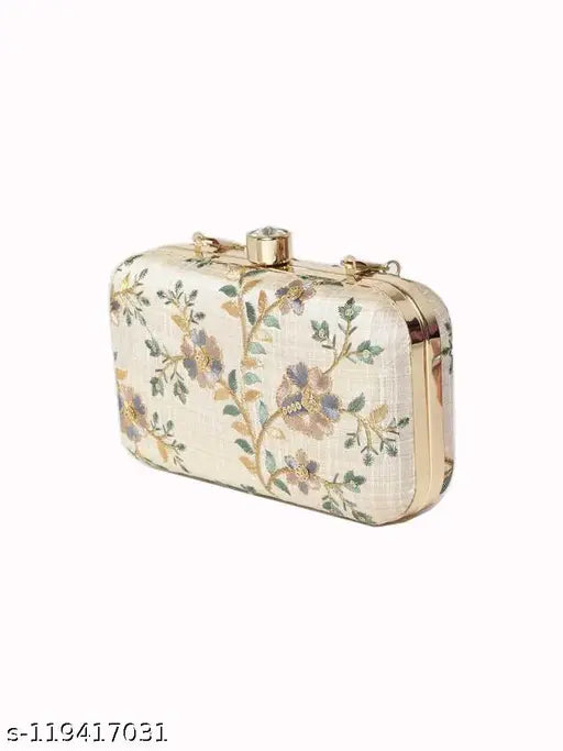 Multicolor & white, hand-crafted tulle sequins embroidered faux silk clutch with detachable chain, one compartment, free size (7in x 3in), India origin