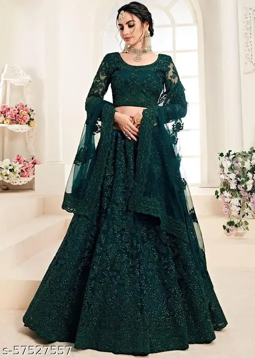 Embellished free-size Indian net lehenga set: choli, dupatta with embroidered details