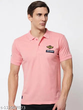 Light pink cotton blend men's collar neck half sleeve t-shirt with printed pattern, perfect for casual wear
