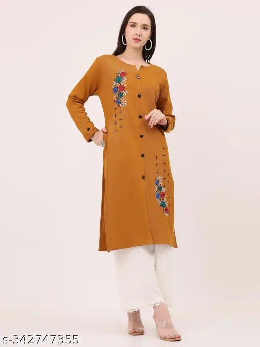 Yellow Wool A-line Mandarin Kurta, printed floral design for formal/casual wear, perfect for home makers or teen girls, made in India