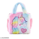 Multicolor soft fur unicorn sling bag for kids, stylish and adjustable, perfect for school, travel, parties (India)