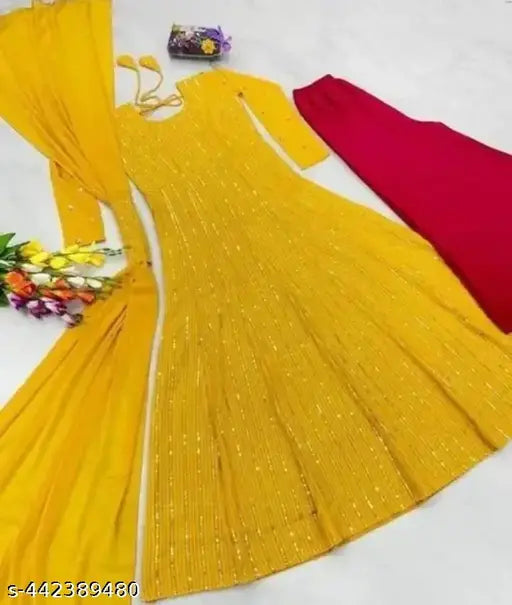Embellished Georgette Palazzo dupatta for women, long sleeves, XL size (Bust 42in, Length 56in, Waist 40in, Hip 44in, Shoulder 18in) - India