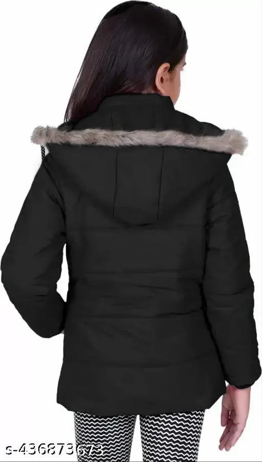 Black polyester nylon jacket for girls, solid design and long sleeves, 7-8 years size (Bust 36in, Length 22in, Waist 33in, Hip 37in), India origin