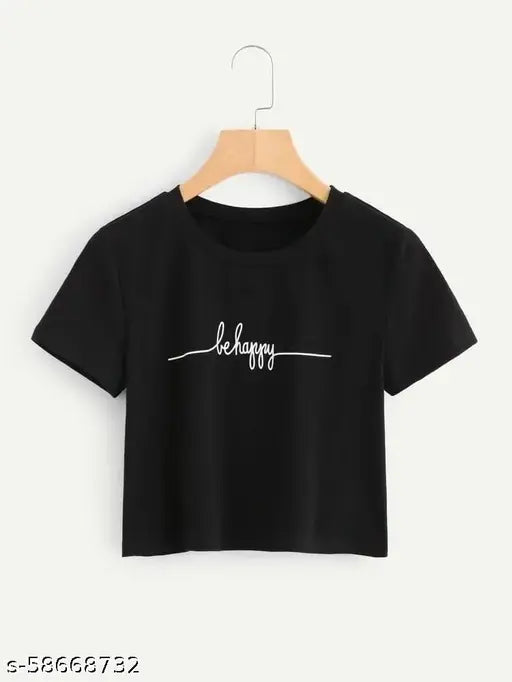 Black cotton blend crop t-shirt with printed net pattern for women, short sleeves, Delux Look brand, size N from India