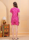 Women's cotton printed nightsuit, short-sleeved and shorts style, featuring a unique pattern. Available in sizes M, L, XL, XXL. Made in India