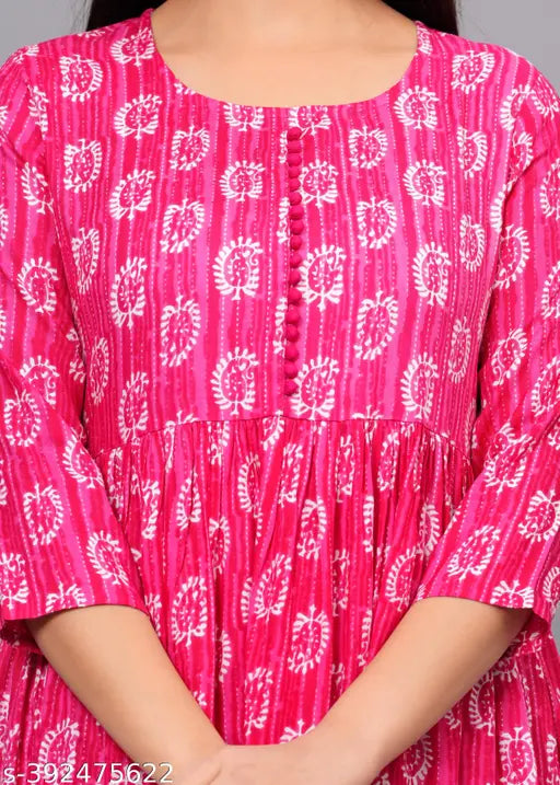 Rayon printed Anarkali kurti, three-quarter sleeves, vibrant Indian fashion on model