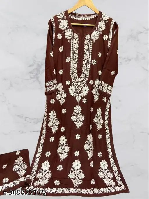 Traditional rayon Chikankari embroidered kurti and palazzo set, three-quarter sleeves, Indian clothing on mannequin