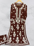 Traditional rayon Chikankari embroidered kurti and palazzo set, three-quarter sleeves, Indian clothing on mannequin