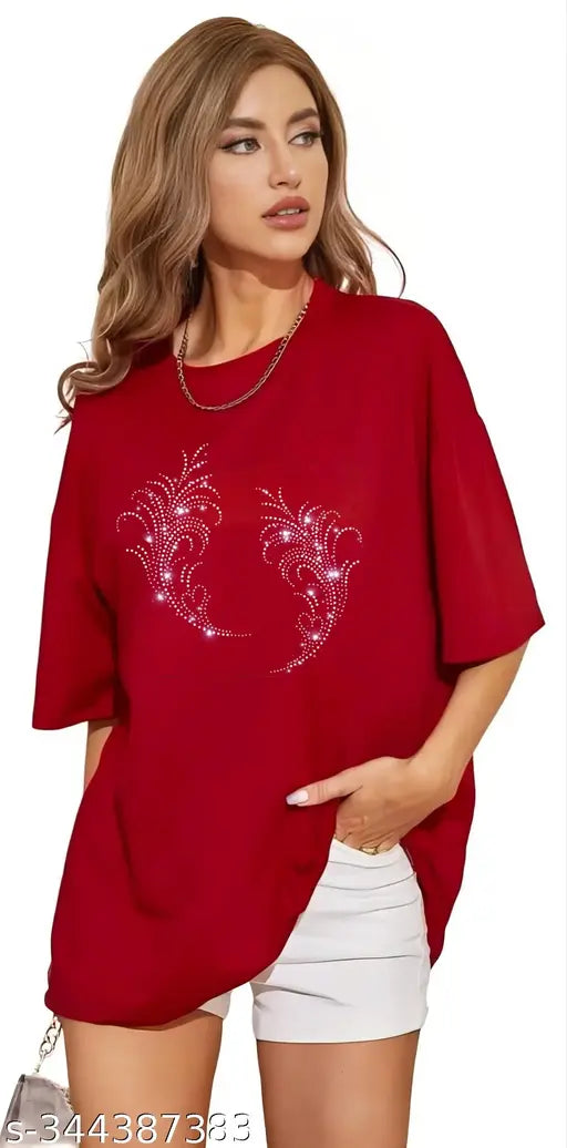 Pure cotton oversized T-shirts with sparkling rhinestones & glitters sequins - trendy for parties, discs, clubs, festivals (red & black combo)