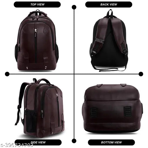 Large faux leather laptop backpack, water-resistant, durable for office, school, or travel use. Compartments for laptop, tablets, and accessories, with organizational pockets and comfortable padded straps