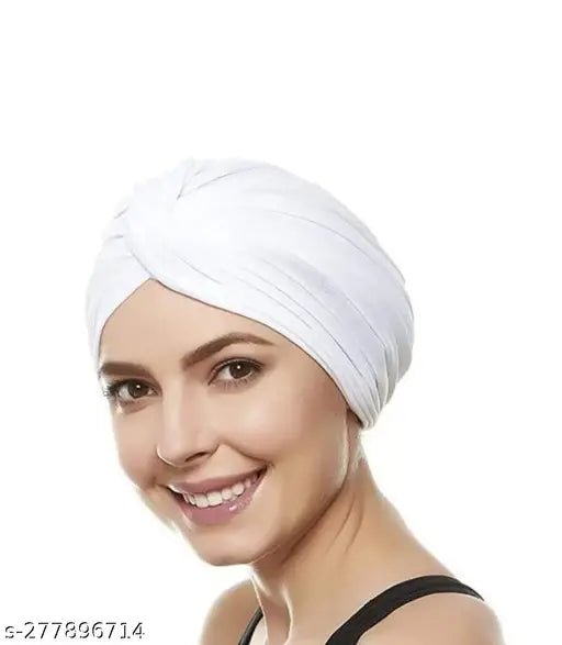 White pleated pagri turban, stretchable polyester head wrap for men and women with a luxurious silk-finish
