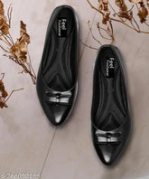 Stylish black synthetic leather bellies for women, featuring slip-on design and solid closed back. Perfect for modern wardrobes