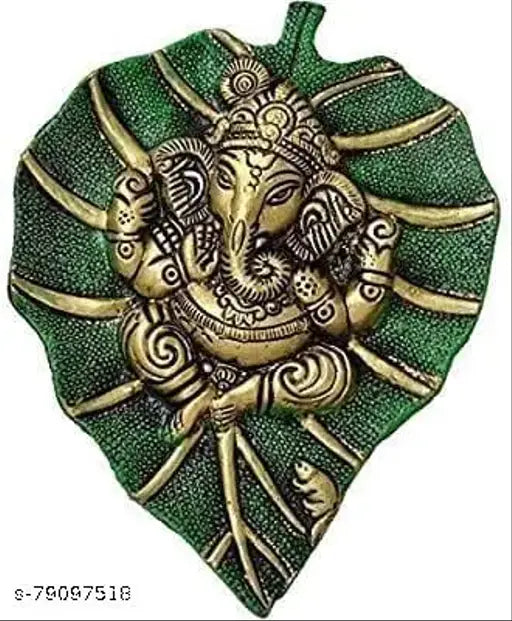 Brass Ganesh Idol on Green Leaf, VK Collection decorative wall hanging, 15cmx19cmx3cm, ethnic home decor, Indian craftsmanship