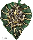 Brass Ganesh Idol on Green Leaf, VK Collection decorative wall hanging, 15cmx19cmx3cm, ethnic home decor, Indian craftsmanship