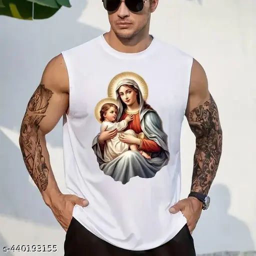 Polyester sleeveless Jesus Gym t-shirt for boys, printed with sports theme