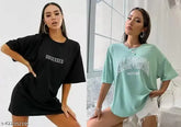 Cotton oversized printed t-shirt combo pack for women, stylish fit and trendy design on India-made apparel