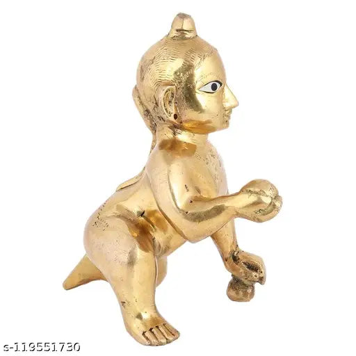 Brass Krishna idol, intricately crafted by artisans in Muradabad, India, for home worship or decoration, measuring 6cm (L) x 8cm (H) x 5cm (B), featuring flute and Govinda/Gopala depiction