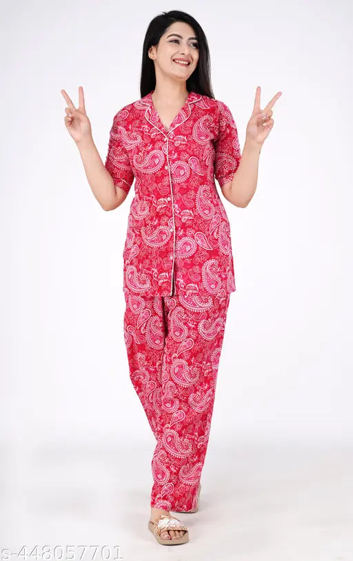 Women's printed rayon night suit top and pajama set, short-sleeved, colorful pattern on display