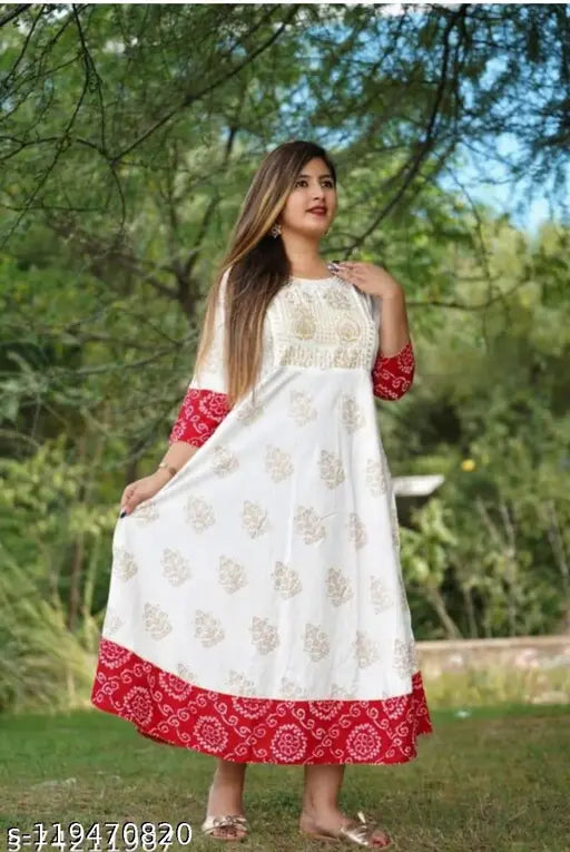 White rayon printed embroidery anarkali kurta, Indian party wear maxi length