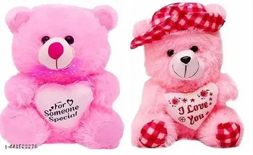 Pink & Red mono Adore Kart soft cap teddy bear combo (2pcs), unisex teddy toys for infants aged 0-2 years, Indian origin