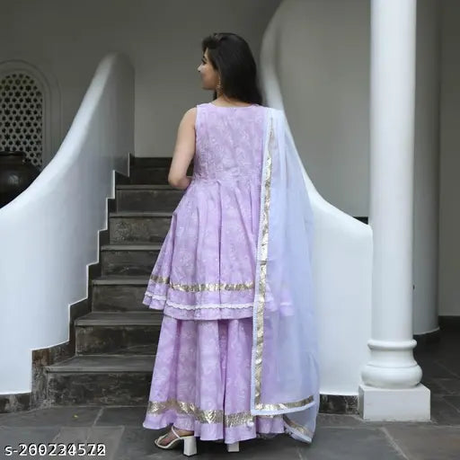 Lavender rayon IkDaiya Fashion A-line duppatta set, three-quarter sleeves, sharara bottom, printed net design, suitable for weddings, festivals, parties. Indian ethnic wear for women